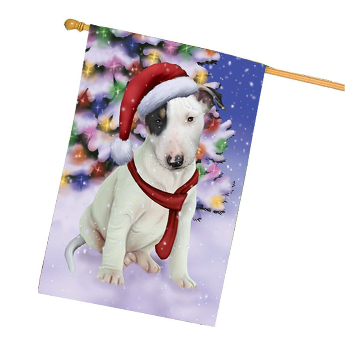 Winterland Wonderland Bull Terrier Puppy Dog In Christmas Holiday Scenic Background House Flag