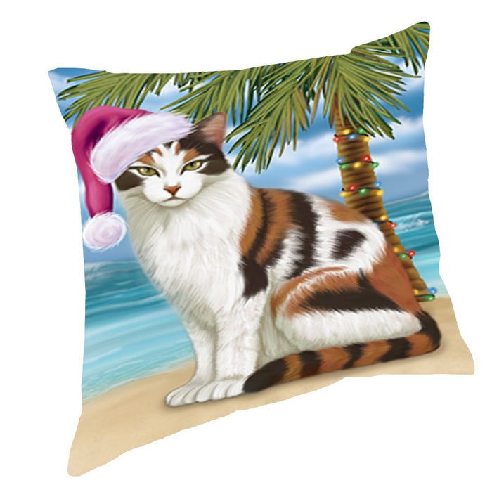 Summertime Christmas Happy Holidays Calico Cat on Beach Throw Pillow PIL1452