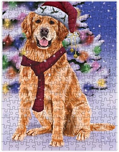 Winterland Wonderland Golden Retrievers Dog In Christmas Holiday Scenic Background Puzzle with Photo Tin
