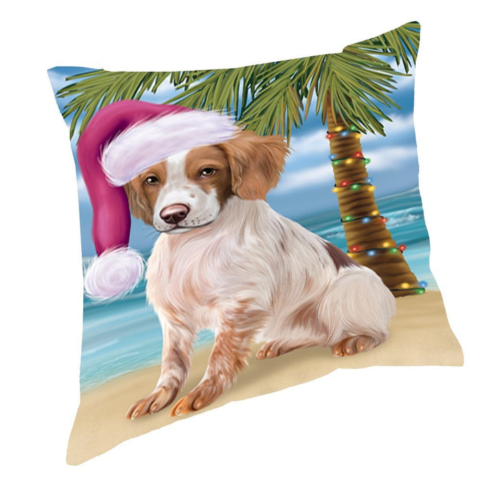 Summertime Christmas Happy Holidays Brittany Spaniel Dog on Beach Throw Pillow PIL1444