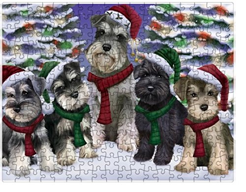 Schnauzers Dog Christmas Family Portrait in Holiday Scenic Background Puzzle with Photo Tin (300 pc.)