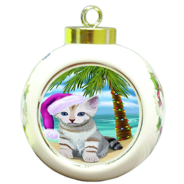 Summertime Happy Holidays Christmas Bengal Cat on Tropical Island Beach Round Ball Ornament D492