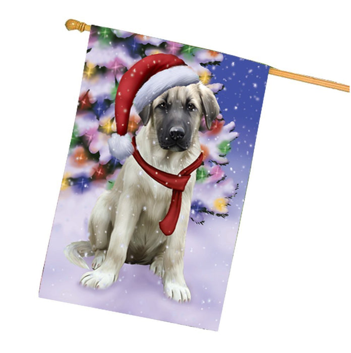 Winterland Wonderland Anatolian Shepherds Puppy Dog In Christmas Holiday Scenic Background House Flag