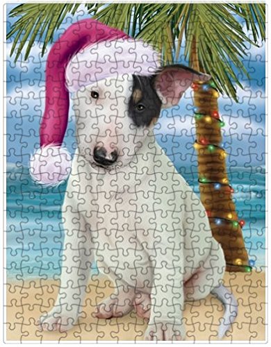 Summertime Happy Holidays Christmas Bull Terrier Dog on Tropical Island Beach Puzzle with Photo Tin