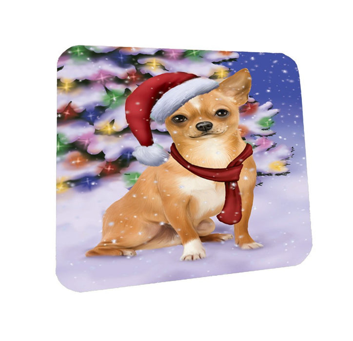 Winterland Wonderland Chihuahua Puppy Dog In Christmas Holiday Scenic Background Coasters Set of 4