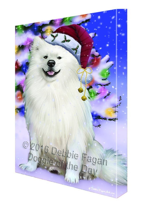 Winterland Wonderland American Eskimo Dog In Christmas Holiday Scenic Background Canvas Wall Art