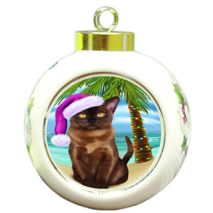 Summertime Happy Holidays Christmas Burmese Cat on Tropical Island Beach Round Ball Ornament D512