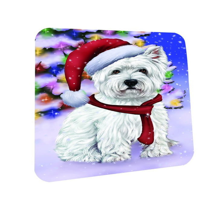 Winterland Wonderland West Highland Terriers Puppy Dog In Christmas Holiday Scenic Background Coasters Set of 4