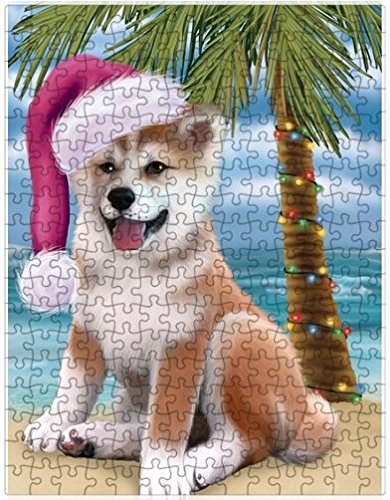 Summertime Happy Holidays Christmas Shiba Inu Dog on Tropical Island Beach Puzzle with Photo Tin