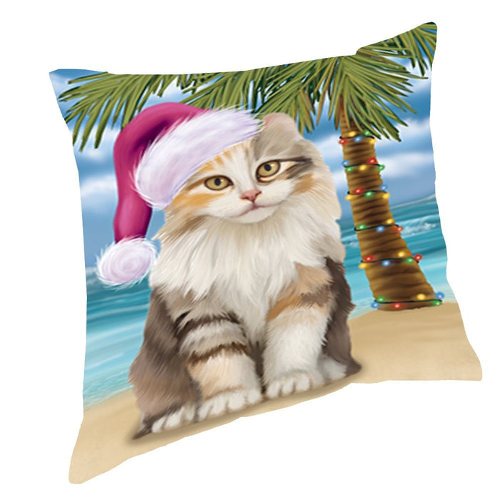 Summertime Christmas Happy Holidays American Curl Cat on Beach Throw Pillow PIL1372