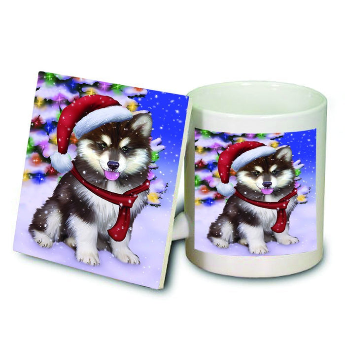 Winterland Wonderland Alaskan Malamute Dog In Christmas Holiday Scenic Background Mug and Coaster Set