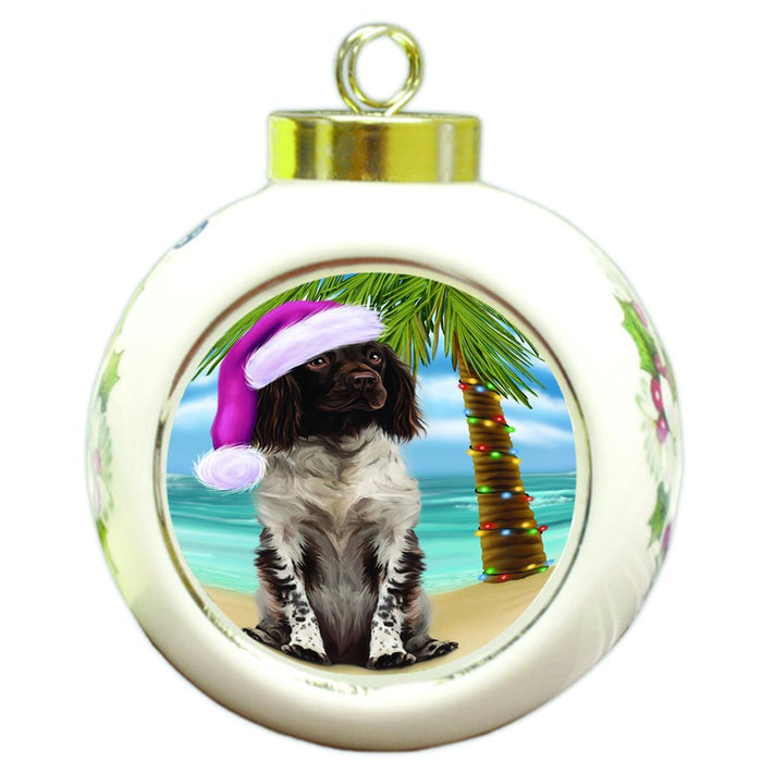 Summertime Happy Holidays Christmas Munsterlander Dog on Tropical Island Beach Round Ball Ornament D513