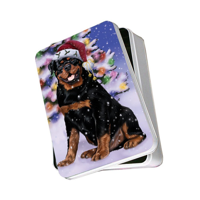 Winterland Wonderland Rottweiler Dog In Christmas Holiday Scenic Background Photo Storage Tin