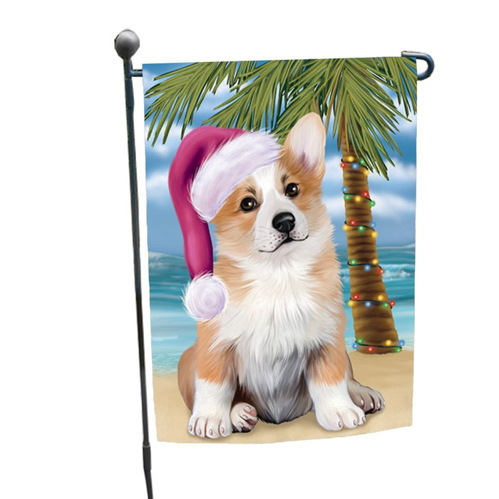 Summertime Happy Holidays Christmas Corgi Dog on Tropical Island Beach Garden Flag
