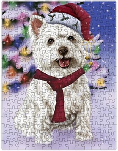 Winterland Wonderland West Highland Terriers Dog In Christmas Holiday Scenic Background Puzzle with Photo Tin