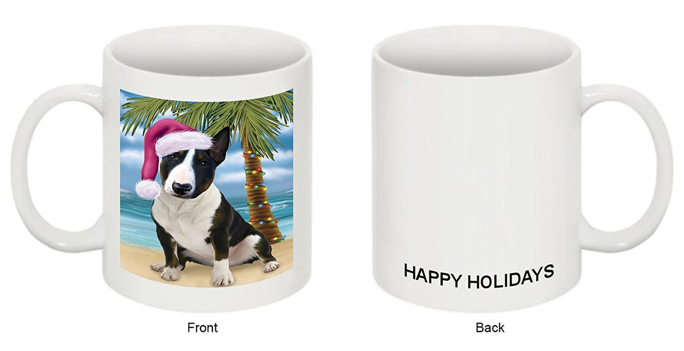 Summertime Happy Holidays Christmas Bull Terrier Dog on Tropical Island Beach Mug