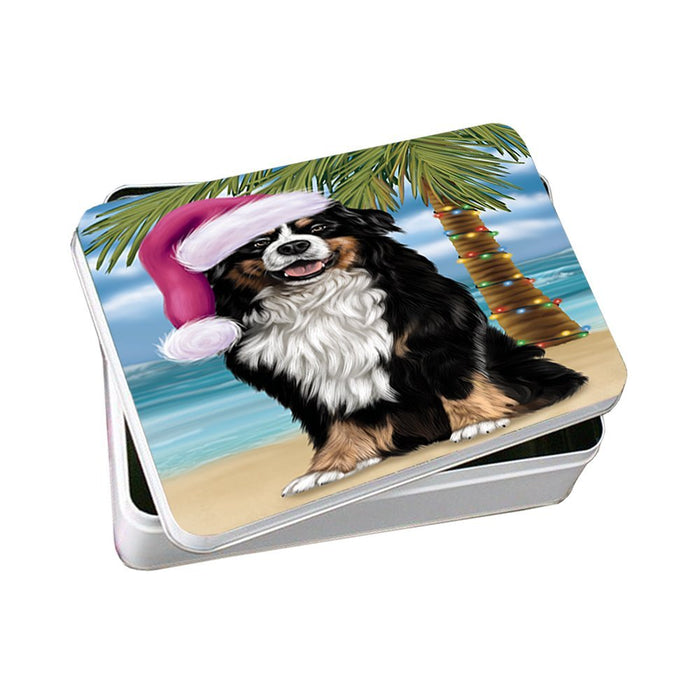 Summertime Happy Holidays Christmas Bernese Dog on Tropical Island Beach Photo Storage Tin