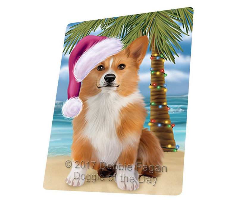Summertime Happy Holidays Christmas Welsh Corgi Dog on Tropical Island Beach Tempered Cutting Board D142
