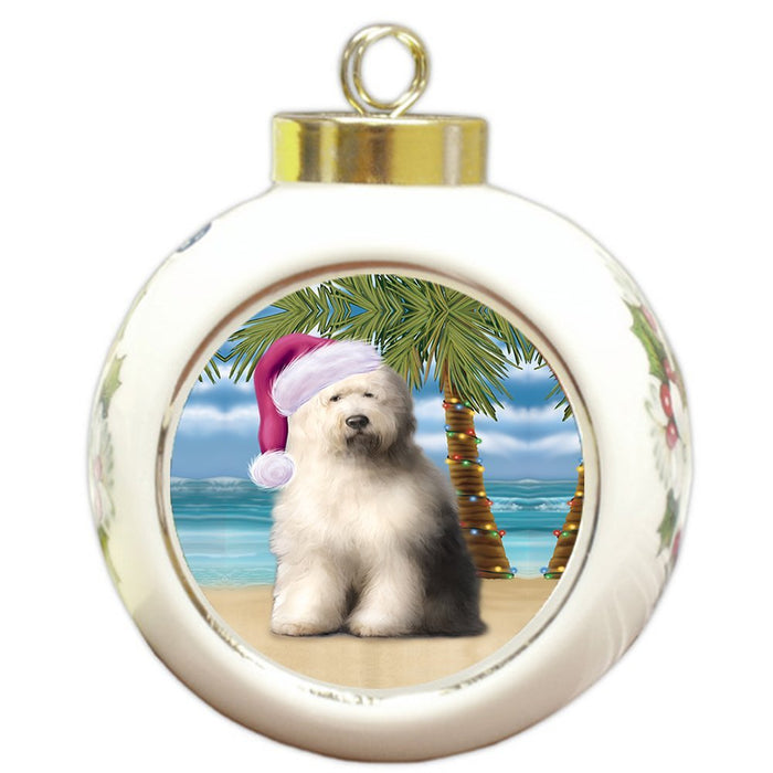 Summertime Old English Sheepdog on Beach Christmas Round Ball Ornament POR1151