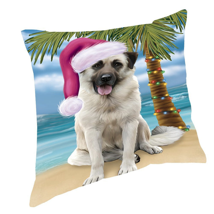 Summertime Happy Holidays Christmas Anatolian Shepherds Dog on Tropical Island Beach Throw Pillow