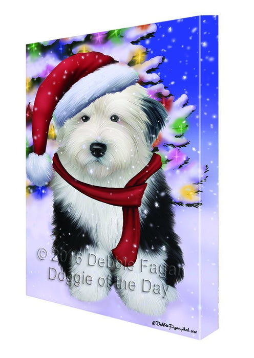 Winterland Wonderland Old English Sheepdog Dog In Christmas Holiday Scenic Background Canvas Wall Art