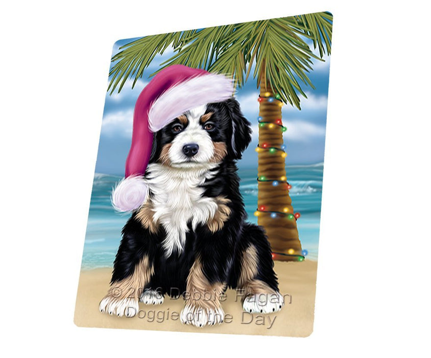 Summertime Happy Holidays Christmas Bernese Dog on Tropical Island Beach Tempered Cutting Board (Small)