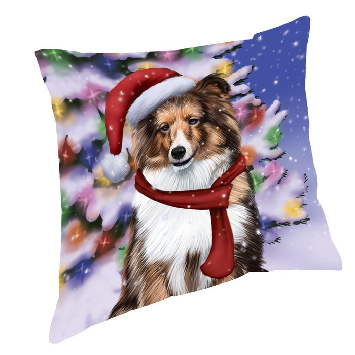 Winterland Wonderland Shetland Dog In Christmas Holiday Scenic Background Throw Pillow