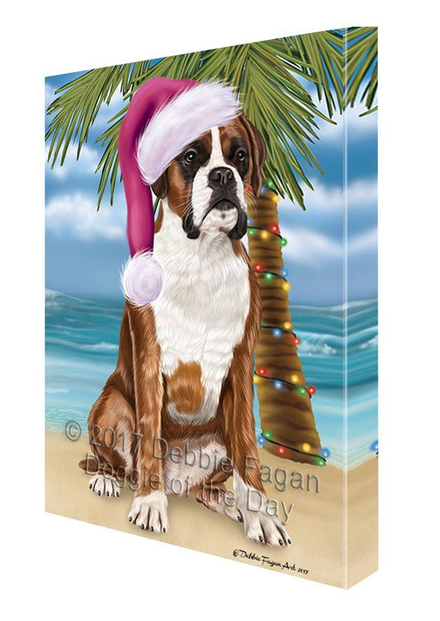 Summertime Happy Holidays Christmas Boxers Dog on Tropical Island Beach Canvas Wall Art