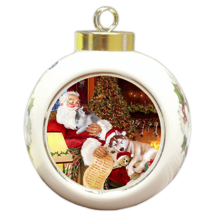 Siberian Husky Dog and Puppies Sleeping with Santa Round Ball Christmas Ornament D455