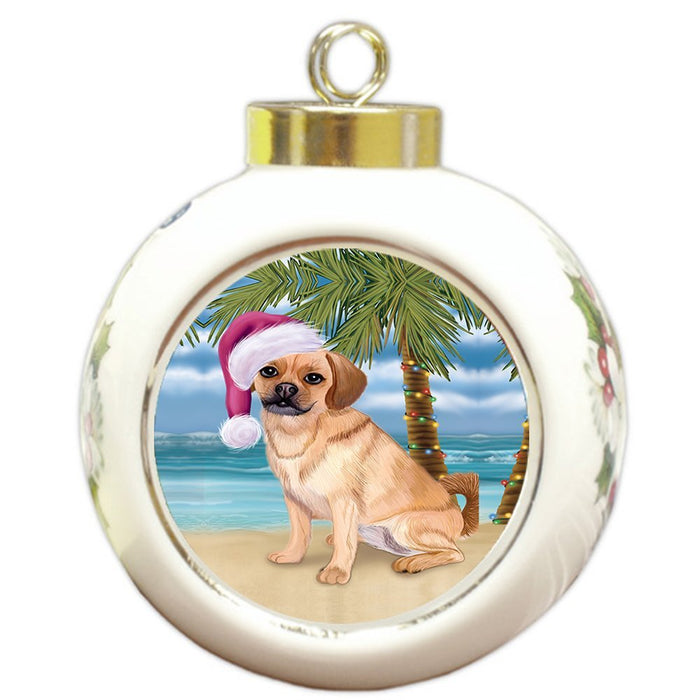 Summertime Puggle Dog on Beach Christmas Round Ball Ornament POR1213