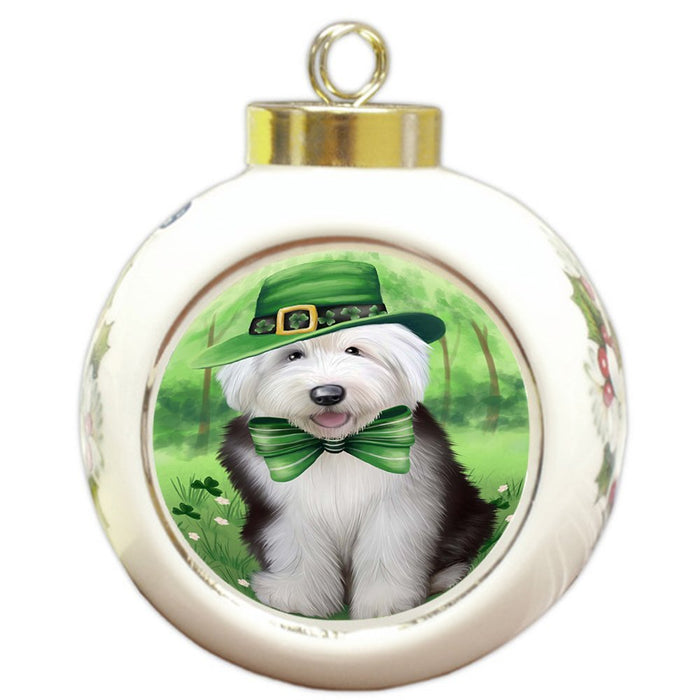 St. Patricks Day Irish Portrait Old English Sheepdog Round Ball Christmas Ornament RBPOR48841