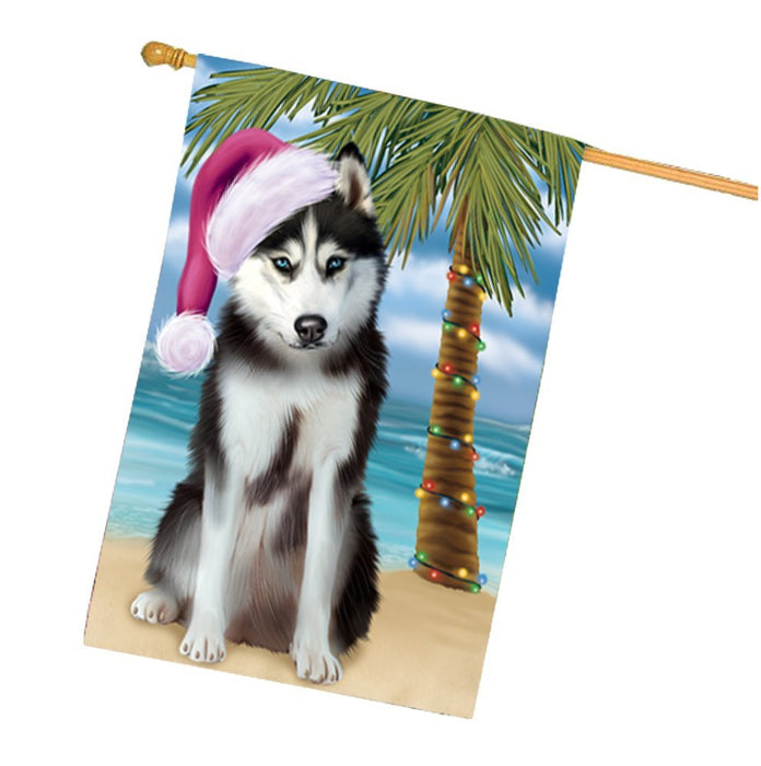 Summertime Christmas Happy Holidays Husky Dog on Beach House Flag HFLG338