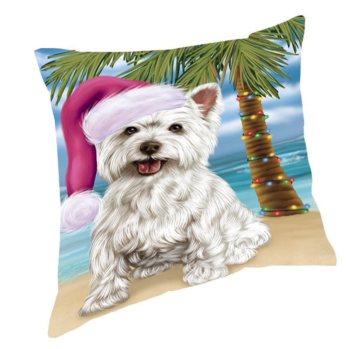 Summertime Happy Holidays Christmas West Highland Terriers Dog on Tropical Island Beach Throw Pillow