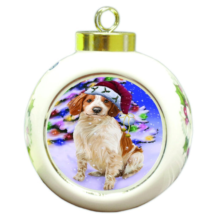 Winterland Wonderland Brittany Spaniel Dog In Christmas Holiday Scenic Background Round Ball Ornament D521
