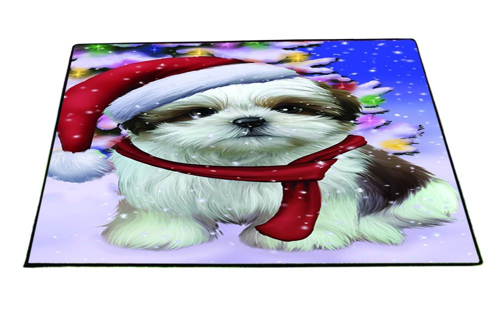 Winterland Wonderland Shih Tzu Dog In Christmas Holiday Scenic Background Indoor/Outdoor Floormat