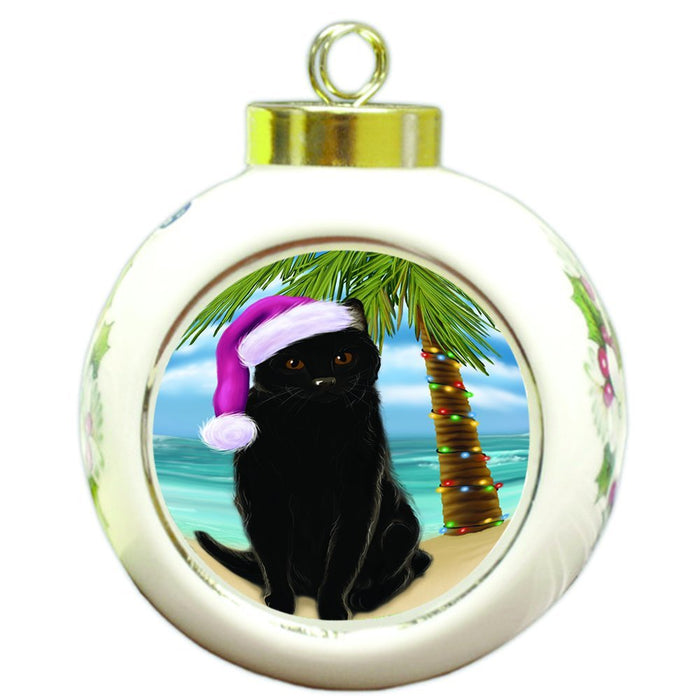 Summertime Happy Holidays Christmas Black Cat on Tropical Island Beach Round Ball Ornament D501