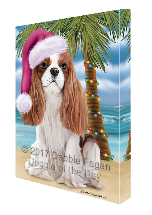 Summertime Happy Holidays Christmas Cavalier King Charles Spaniel Dog on Tropical Island Beach Canvas Wall Art
