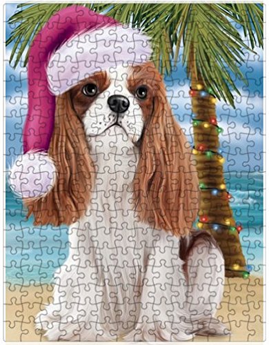 Summertime Happy Holidays Christmas Cavalier King Charles Spaniel Dog on Tropical Island Beach Puzzle with Photo Tin