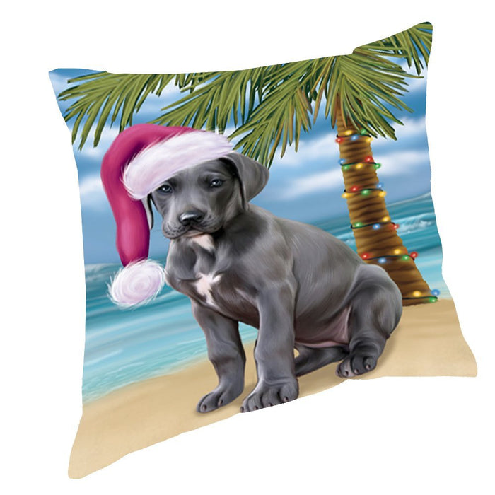 Summertime Happy Holidays Christmas Great Dane Dog on Tropical Island Beach Throw Pillow