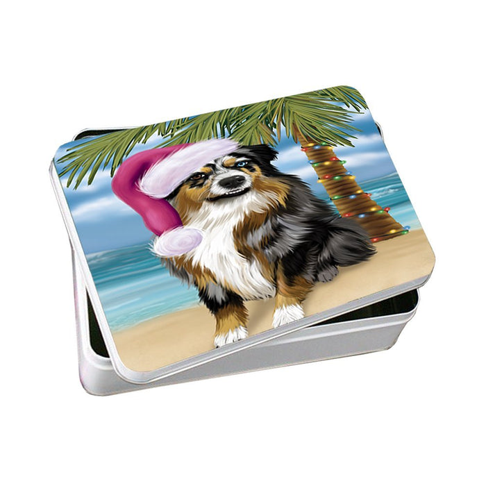 Summertime Happy Holidays Christmas Australian Shepherd Dog on Tropical Island Beach Photo Storage Tin