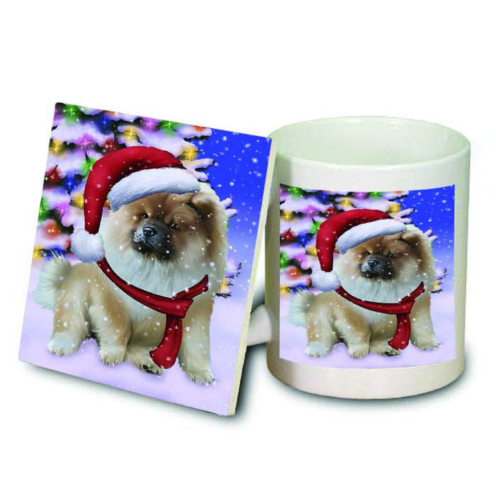 Winterland Wonderland Chow Chow Dog In Christmas Holiday Scenic Background Mug and Coaster Set