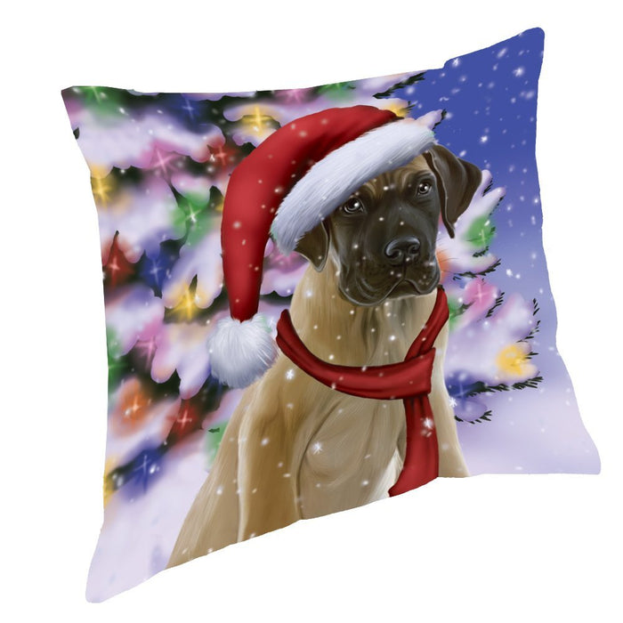 Winterland Wonderland Great Dane Dog In Christmas Holiday Scenic Background Throw Pillow