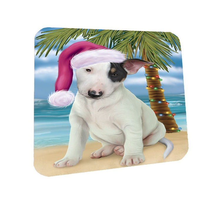 Summertime Happy Holidays Christmas Bull Terrier Dog on Tropical Island Beach Coasters Set of 4