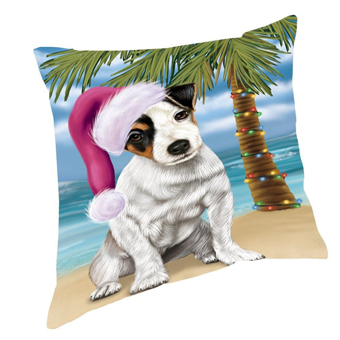Summertime Happy Holidays Christmas Jack Russel Dog on Tropical Island Beach Throw Pillow