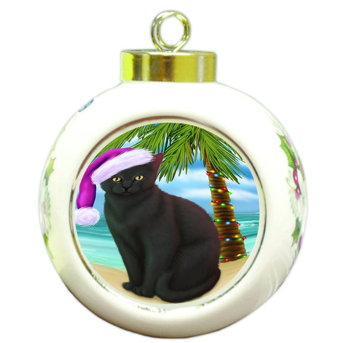 Summertime Happy Holidays Christmas Black Cat on Tropical Island Beach Round Ball Ornament D502