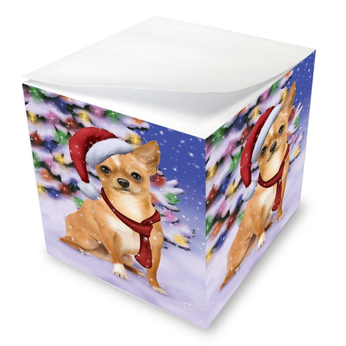 Winterland Wonderland Chihuahua Puppy Dog In Christmas Holiday Scenic Background Note Cube D592