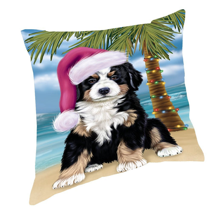 Summertime Happy Holidays Christmas Bernese Dog on Tropical Island Beach Throw Pillow