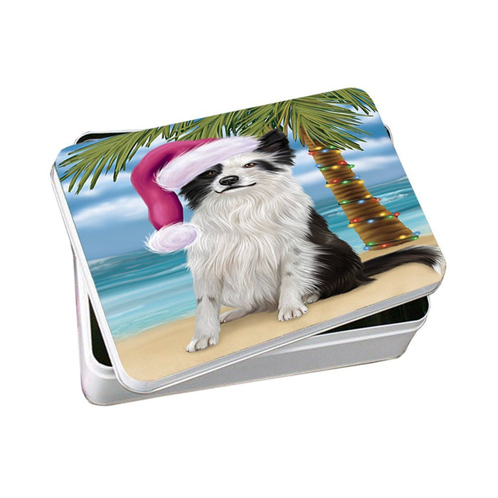 Summertime Happy Holidays Christmas Border Collie Dog on Tropical Island Beach Photo Storage Tin