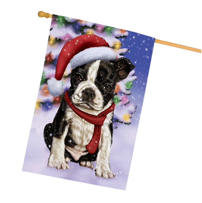 Winterland Wonderland Boston Dog In Christmas Holiday Scenic Background House Flag