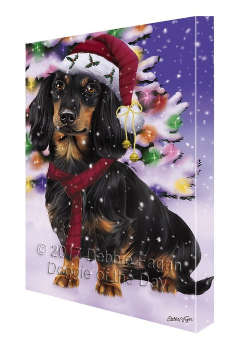 Winterland Wonderland Dachshunds Adult Dog In Christmas Holiday Scenic Background Painting Printed on Canvas Wall Art